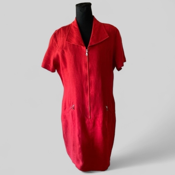 NY Sake LINEN Shirt Dress Silver Hardware Zip front, zipper pockets Red Size 1… - Picture 14 of 16